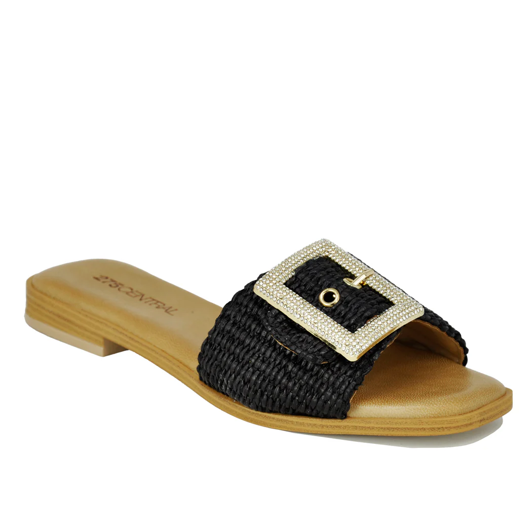 Sylvie Flat Raffia Buckle Slide